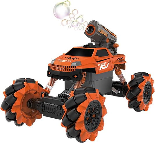 Vaiyer RC Rechargeable, Remote Control Stunt Car for Kids w/ 2-in-1 Interchangeable Toy Bubble Blaster and Water Gun Tops, Rock Crawler Off Road Vehicle w/ 360 Degree Movement (Orange)