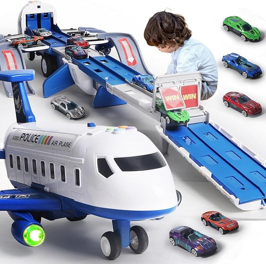 Airplane Toy Race Track Kids Toys, Foldable 4 Layer Toddler Car Track Playset, Toy Plane Transport Car Carrier & 6 Race Cars, Toddlers Toys Birthday Xmas Gifts for Age 3 4 5 6+ Years Old Boys Girls