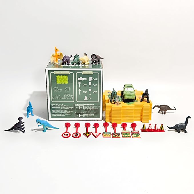 Puzzle Track Car Play Set with 12 Dinosaur Figures, Plastic Railcar Floor Puzzles for Kids Ages 3-5 with Vehicles, Toys Gifts for 3 4 5 6 Year Old Boys