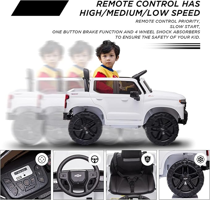 12V Ride on Car for 3-6years, Battery Powered Licensed by Chevrolet Silverado GMC Kids Ride On Truck, Toddler Electric Vehicles Toys w/RC, MP3/Bluetooth, Spring Suspensionfor Boys and Girls(White)
