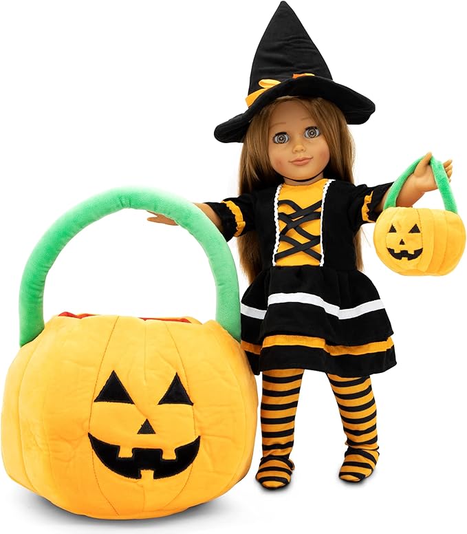 Playtime by Eimmie 18 Inch Doll Clothes and Accessories - Halloween Witch Costume with Hat and Plush Pumpkin - Clothing Sets & Stuff - Fits American, Generation & Similar 18” Dolls for Girls