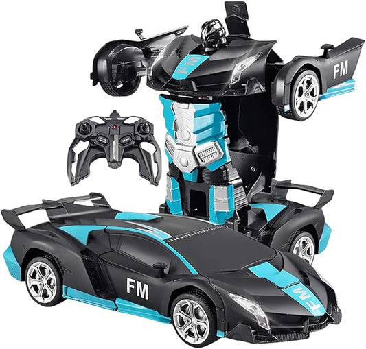 Remote Control Transform Car for Kids,Deformation Car for Boys & Girls 4 5 6 7 8, 2.4Ghz 1:18 RC Transform Robot Toys for Kids, One Button Deformation to Robot with Flashing Light (FM Racing Blue)