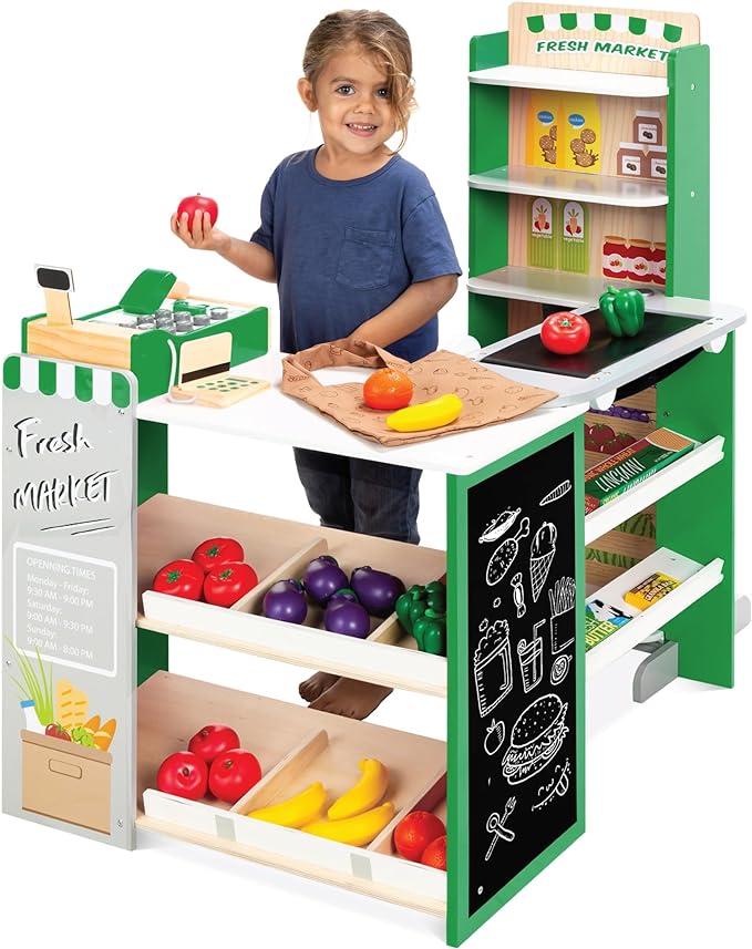 Best Choice Products Pretend Play Grocery Store Wooden Supermarket Toy Set for Kids w/Play Food, Chalkboard, Cash Register, Working Conveyor - Green