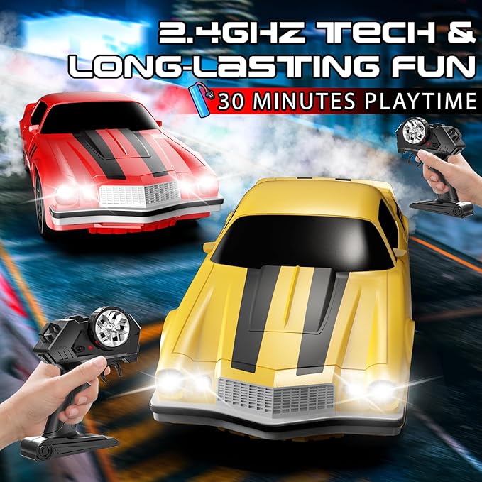 Remote Control Car, 1/24 Scale RC Drift Car, 4WD 15KM/H High Speed RC Cars, Racing Sport Toy Car with LED Lights, Racing Tire, Birthday for Kids Boys Girls, Rechargeable Battery