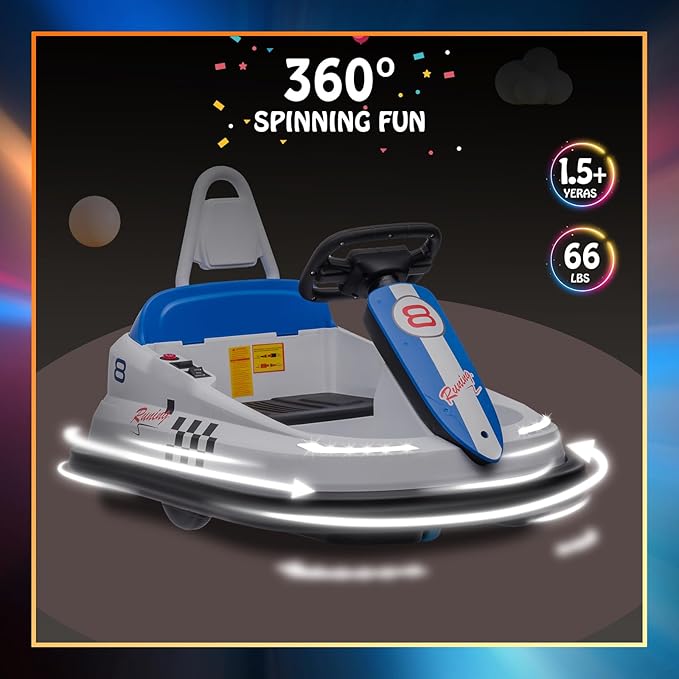 Hetoy Bumper Car for Toddlers, 6V Electric Ride On Toys for Kids, 1.9 MPH Max Speed, Steering Wheel, 360 Degree Spin, 2-Speeds, Lights, Music & Horn, Birthday Gift for Boys Girls 2-6 Years Old, White