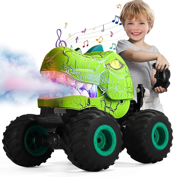 GEVINST Dinosaur Toys for Kids 5-7, RC Dinosaur Truck with Light Spray and Music, Christmas Birthday Gifts Toys for Ages 3 4 5-7 and up, All Terrain Off-Road Remote Control Cars