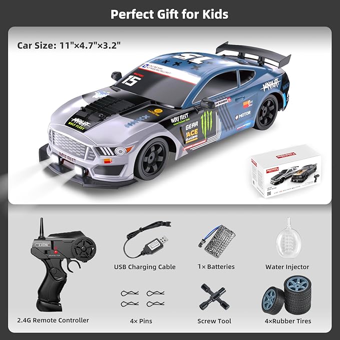 Remote Control Drift Car for Adults - 1/16 2.4GHz Small 4WD RC With LED Lights, Rechargeable Battery, and Drifting Tires - Toy for Boys and Kids