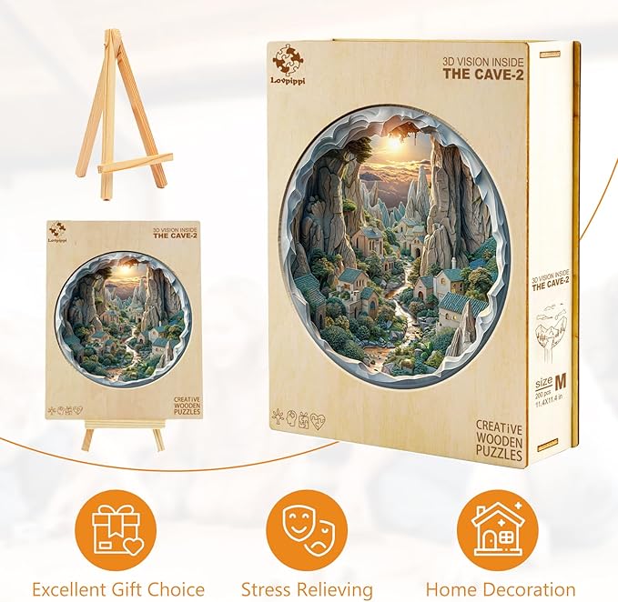 Wooden Puzzles for Adults, Wooden Jigsaw Puzzles for Adults Kids, 3D Vision Inside The Cave-2 Unique Shaped Wood Puzzles Adult, Creative Birthday Gifts for Friends Family Game (11.4 * 11.4in 200pcs)