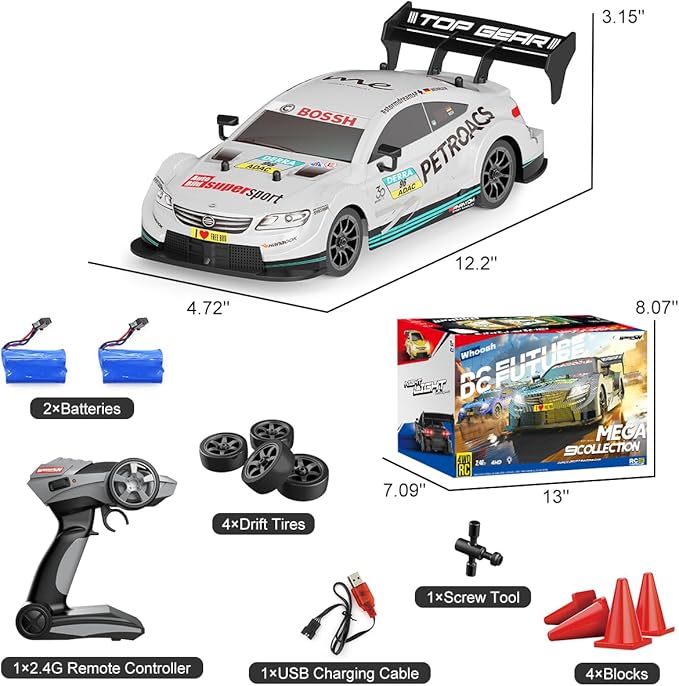 Dollox RC Drift Car 1/16 Scale Remote Control Car 2.4GHz 4WD 30+KM/H High Speed Vehicle with LED Lights, Extra Drifting Tires Racing Vehicle Toys Birthday Gifts for Adults Boys, 2 Batteries, Silver