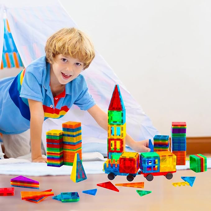 Gemmicc Magnetic Tiles, 126 PCS + Storage Case, STEM Building Blocks Magnet Toys for Kids,Educational Building Toy Stacking Blocks for Boys Girls,Huge Set with 2 Cars