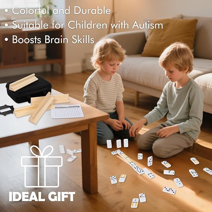 DAILYLIFE Dominoes for Kids, Double 6 Dominoes Set with 4 Wooden Racks/Trays, Double Six Dominoes Set with Portable Case, 28 Tiles Dominos Set for Family Board Games