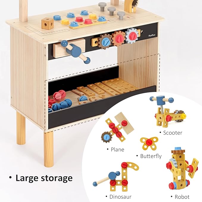 PairPear Wooden Kids Tool Bench, Toddler Workbench with 71 PCS Tool Set, Wooden Toy Play Worshop Toolbox with Drill, Hammer, and Construction Tools, Kids Gift for Boys & Girls 3+ Years Old