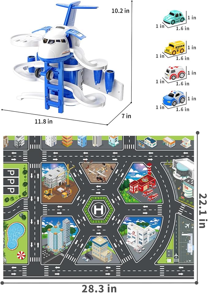 TEMI Kids Airplane Boy Toys for 3 4 5 Year Old Boys - Car Race Tracks for Kids Ages 3-5 with 8 Small Car Toys, Toddlers Educational Toy, Birthday Gifts for Boys 3-5, Birthday Gifts for Boys Girls 3-5