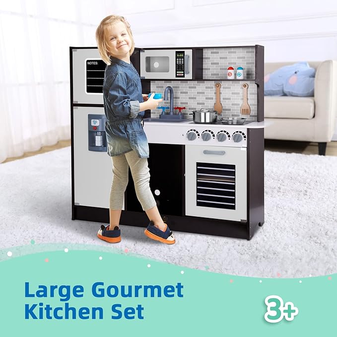 TOOKYLAND Kids Kitchen Playset, Wooden Chef Play Kitchen for Toddler with Sink, Oven, Range Hood, Stove, ice Maker and Microwave, Ideal Toddler Toys for as Present