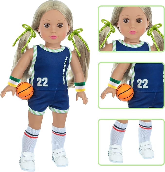 18 Inch Doll Clothes and Accessories - Basketball Clothes Sports Set Designed for 18 Inch Girl Doll Include Doll Clothes, Hair Bands, Bracers, Shoes, Socks and Basketball