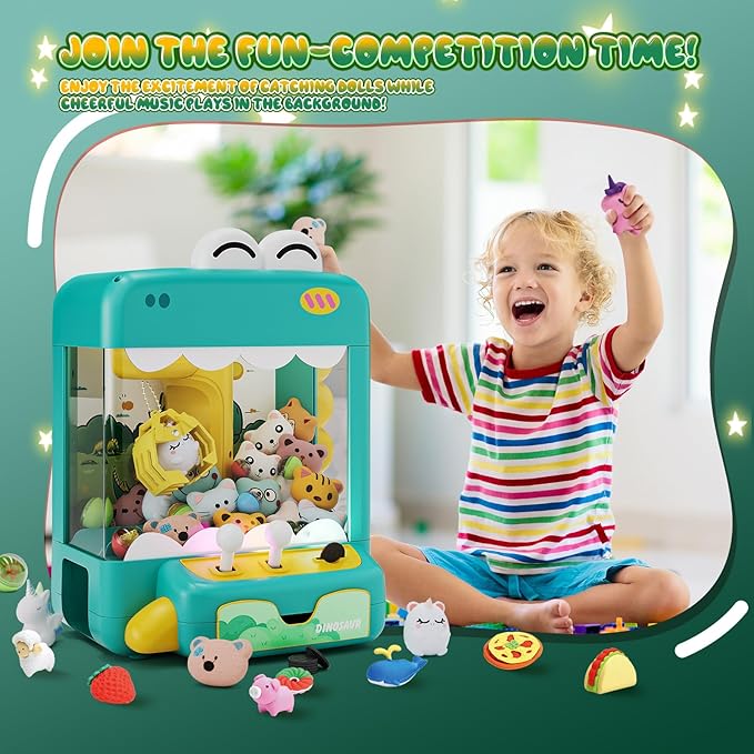 Skirfy Dinosuar Claw Machine, Mini Vending Machine with Lights & Music, Adjustable Sound, Candy and Electronic Prize Dispenser, Includes 45 Toys, Candy and Birthday Gift for Kids Boys