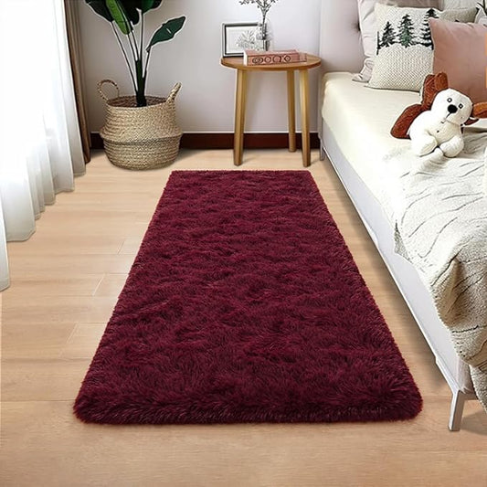 Nuttumico 2x4 Feet Soft Runner Rugs for Bedroom Living Room Plush Fluffy Rug, Burgundy Non-Slip Shag Area Rugs Carpet for Bedside Kids Girls Room Nursery Home Decor, Non Shedding
