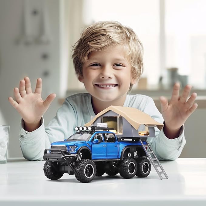 Toy Trucks for Boys Age 4-7,Trucks for Kids F150 Diecast Truck,Model F150 Pickup Truck with Sightseeing Cabin,Pull Back Cars with Light and Sound,Trucks for Kids Ages 4-8（Blue）