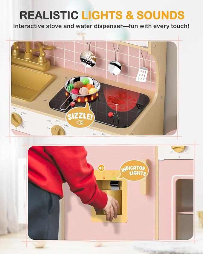 Babytronic Wooden Kitchen Playset for Kids, Pink Pretend Play Kitchen with Lights & Sounds, Retro Style Toy Kitchen for Toddlers Ages 3+, Wooden Play Kitchen Set with Realistic Design (Pink)