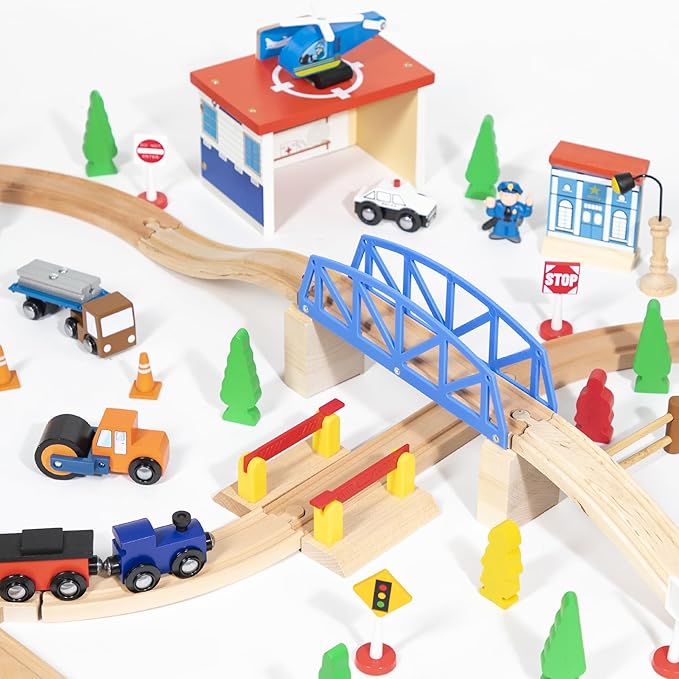 inc. 100 Pc Wooden Train Set, Wood Tracks, Bridges, 2 Trains, Helicopter, Buildings, Police Car, More Railway Accessories Compatible with Thomas & Friends, Brio, Other Major Brands
