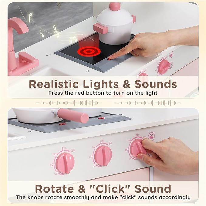 SainSmart Jr. Play Kitchen for Kids, Wooden Kitchen Playset with Lights & Sounds, Ice Maker, Oven & Sink, Trendy Home Style Toy Kitchen, Gift for 3+ Years