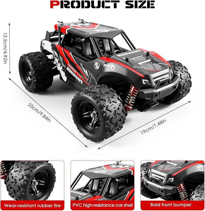 1:18 Scale RC Cars, 36 KM/H High Speed, 2.4 GHz Remote Control and 2 Rechargeable Batteries，4 Shock Absorbers, for Xmas (Red)