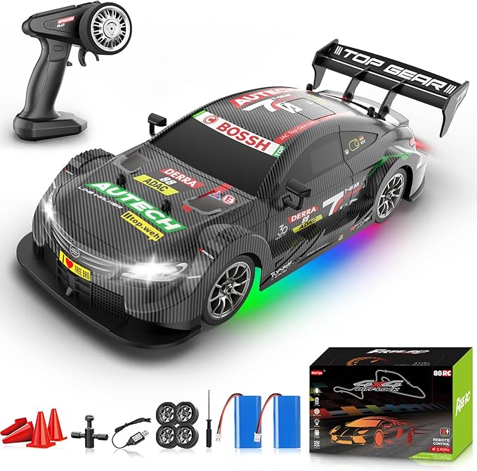 RC Drift Car 1:16, 2.4GHz 4WD 30+KM/H High Speed Remote Control Car with LED Lights Two Batteries and Drift Tires, Drifting RC Cars for Adults Boys Kids, Gray