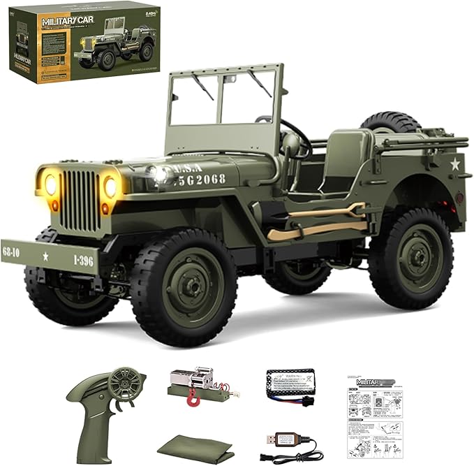 Remote Control Truck, RC Willys Military Jeep Car 1/12 Scale with Rechargeable Battery & Winch System, 2.4Ghz 4x4 Off-Road Remote-Control Crawler Vehicle for Boys Adult, Christmas Birthday Gift