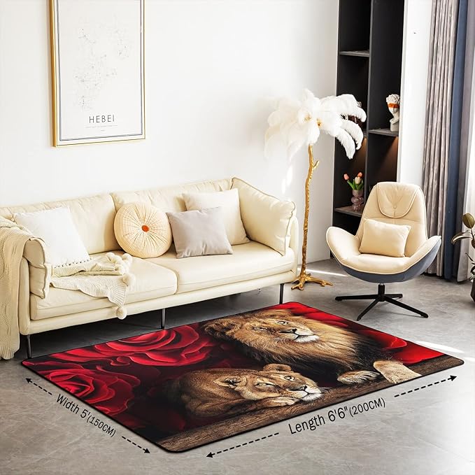 Erosebridal Rose Flower Area Rug 5x6'6'', Animal Lion Print Rug for Kids Teen Boys Girls, Floral Non Shedding Carpet for Bedroom, Modern Style Living Room Rugs