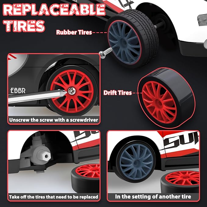 Remote Control Car RC Drift Car 2.4GHz 1:24 Scale 4WD 15KM/H High Speed, Rechargeable High Speed RC Cars with Cool Lights, Batteries and Extra Tires Toys for Kids