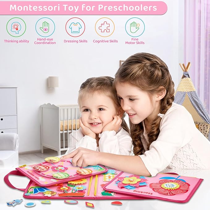 Busy Board Montessori Toys for 3 4 Year Old Girls Birthday Gifts, Educational Activity Sensory Board Preschool Learning Toys for Toddlers, Travel Toys for Airplane Car (Flower Fairy)