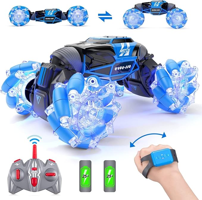 Powerextra Gesture Rc Car, 4WD 2.4GHz Remote Control Gesture Sensing Car, Double Sided 360° Rotating Off Road Rc Stunt Car with Lights & Music, Toy Car for 6-12 Year Old Boys & Girls (Blue)