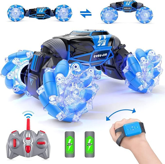 Powerextra Gesture Rc Car, 4WD 2.4GHz Remote Control Gesture Sensing Car, Double Sided 360° Rotating Off Road Rc Stunt Car with Lights & Music, Toy Car for 6-12 Year Old Boys & Girls (Blue)