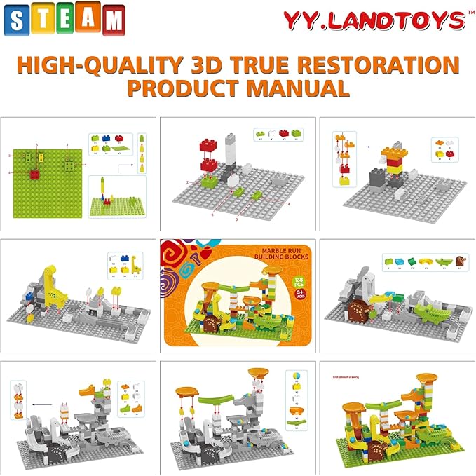 Dinosaur Marble Runs for Kids 4-8 Building Blocks Compatible with LEGO DUPLOS for Age 2-5/138Pcs Classic Big Blocks Marble Run for kids Ages 3-5 STEM Toy/Montessori Toys Gift for Kids Age 3,4,5,6,7,8+