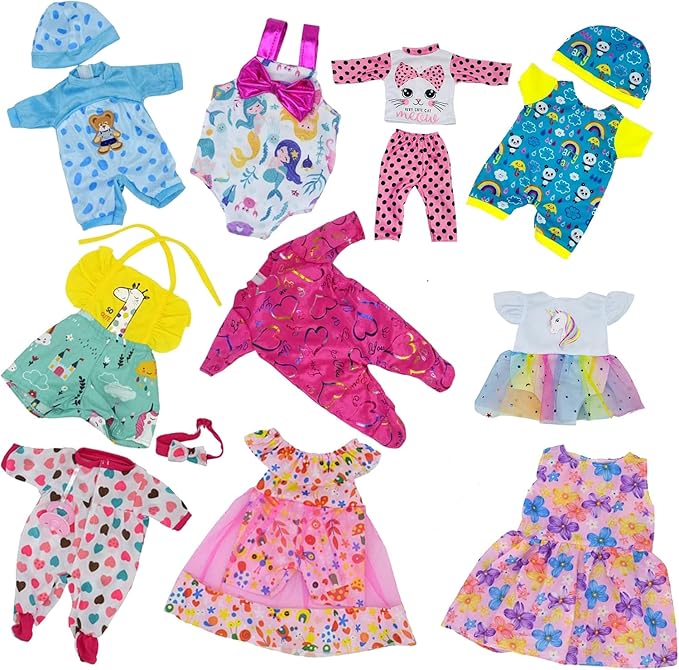 16-18 Inch Baby Doll Clothes 10-Piece Set: Casual Outfits, Pajamas & Hair Clip Accessories for 43cm Newborn Dolls for Toddlers & Collectors (Fits Most American Girl Dolls)