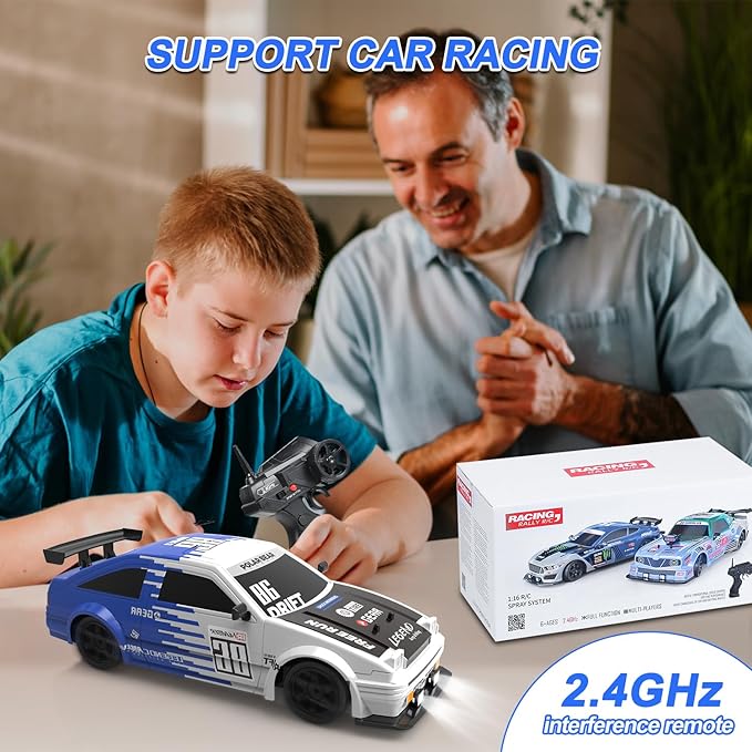 RC Drift Car Remote Control Toy Rally Sport Car 1:16 4WD 18KM/H High Speed Model Vehicle 2.4GHz 2 * 7.4V 500mAh with LED Lights Spray Rubber Tire Off-Road Vehicle Truck Hobby Toys Adults & Kids