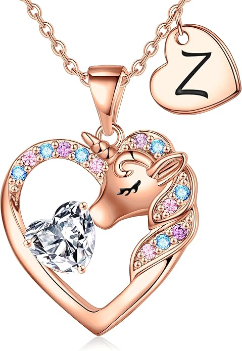 Necklace for Girls Kids Gifts - Colorful CZ Heart Initial Necklaces Unicorn Necklace for Girls Jewelry Birthday Graduation Gifts for Little Girl Kids