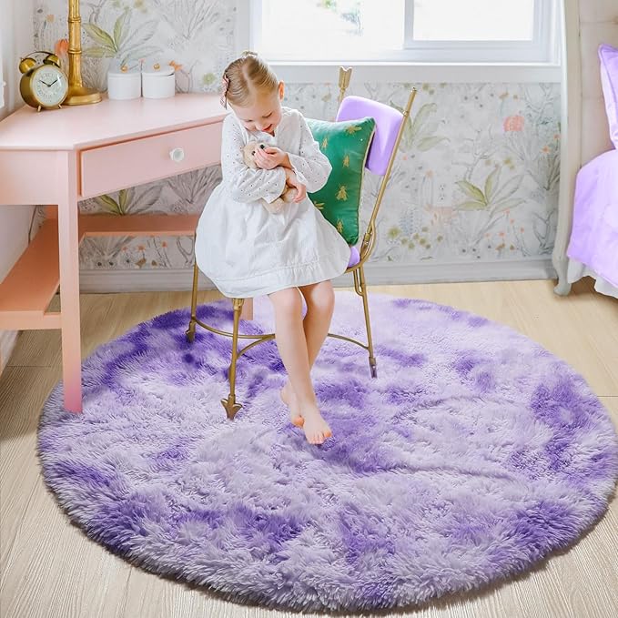 ONASAR Tie-Dyed Purple Round Area Rug 4ft, Soft Bedroom Circle Rugs Floor Mats for Kids Girls Teen Room, Kawaii Fluffy Plush Shaggy Carpet for Baby Nursery Living Room Playroom Home Decor