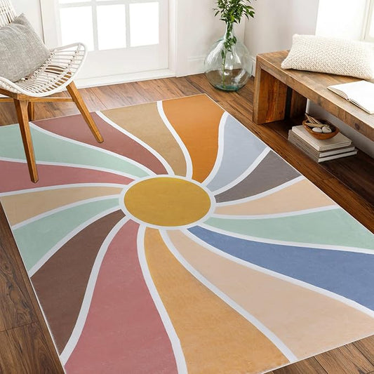 Topotdor Sun Rainbow Nursery Rugs,Colorful Boho Kids Rug Ultra Soft Washable Non Slip Area Rug for Bedroom Perschool Classroom,47"x70"