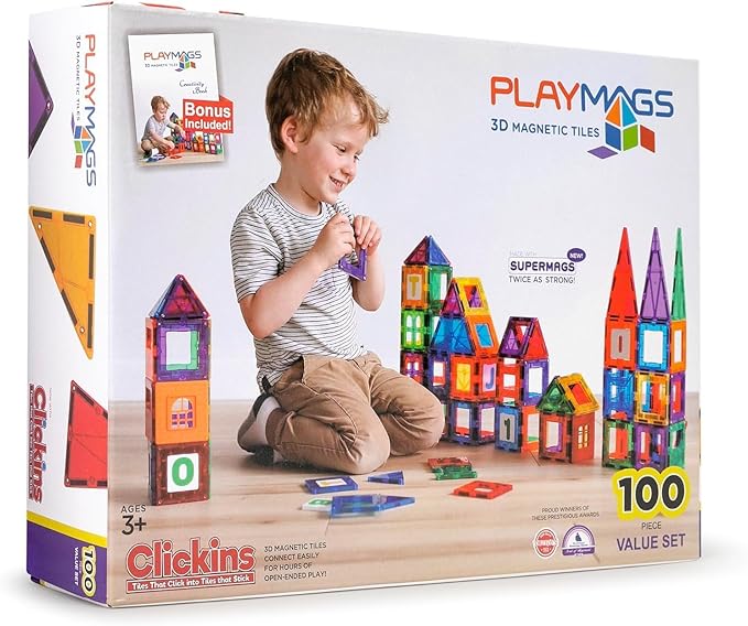 Playmags 100-Piece Magnetic Tiles Building Blocks Set, 3D Magnet Tiles for Kids Boys Girls, Educational STEM Toys for Toddlers…