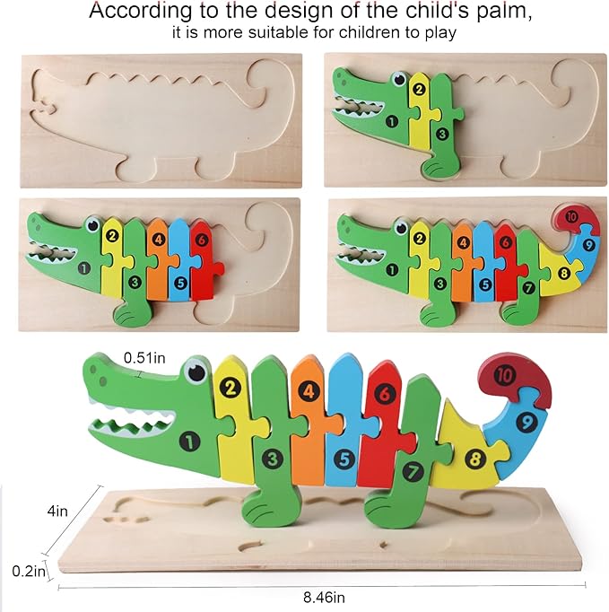 SHIERDU Wooden Puzzles for Kids, Toddler Number Puzzle, Old Wooden Dinosaur Puzzles and Animal Jigsaw Toys for Boy Girl Ideal Gift, 2-6 Years, Pack of 6, 2-1
