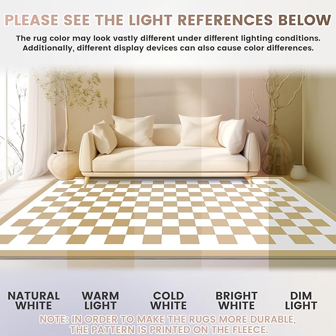 Washable 9x12 Checkered Area Rug for Living Room, Tan Brown Checkerboard Modern Boho Large Rugs, Ultra Thin Low Pile Lightweight Indoor Carpet with Non-Slip Backing for Bedroom Kids Nursery Play Room