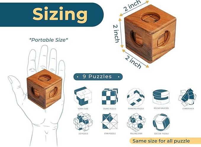 BSIRI 9 in 1 Wooden Brain Teaser Puzzles for Adults Teens and Kids Box Set for All Ages Wood Hard Level 10 Impossible Mind Games 3D Puzzle Sets for Decoration and Mini Toys.