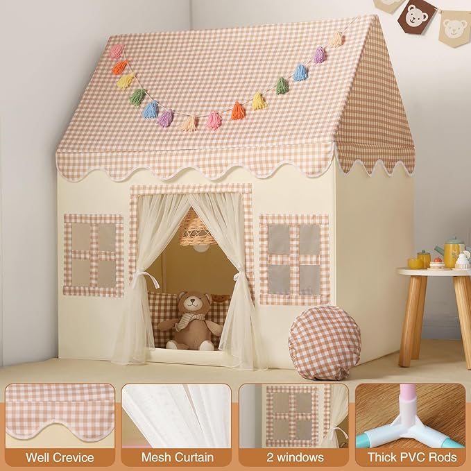 Kids Play Tent Indoor: with Brown Checkered, Mat, Rainbow Tissue Garland, Star Lights - Toddler Girl Tent Indoor Playhouse for Toddlers Kids Toys for Boy Girl Birthday Gift for Kids