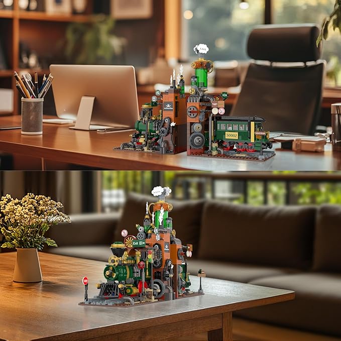 NUTCRACKER Retro Steam Train Building Set, 2 in 1 Medieval Train Station Building Model, Train Book Ends Bookshelf DIY Toy Building Set, Easter Birthday Gift for Adults Boys Girls (1379 Pieces)
