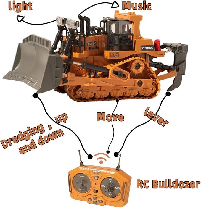 9-Channel Metal RC Bulldozer with Lights and Sound - Remote Control Heavy Equipment Construction Vehicles Dozer Toys for Adults Kids Boys Ages Year 3 4 5 6 7 8 9 10 11 12 13+