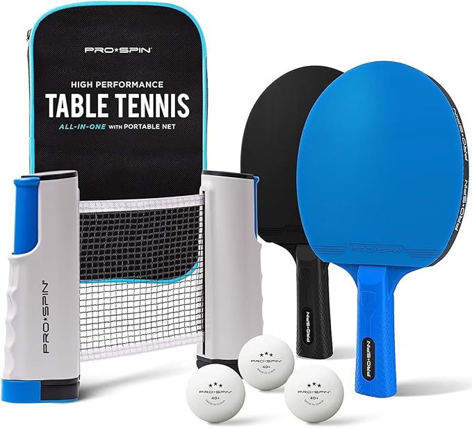 PRO SPIN All-in-One Ping Pong Set - Retractable Ping Pong Net for Any Table (72"), Ping Pong Paddles and Balls, Storage Case - Portable Table Tennis Family Games, Gifts for Boys & Girls