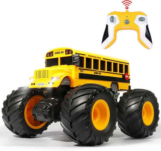 Remote Control School Bus Monster Truck Toy,1/18 RC School Bus,2.4GHz Offroad Hobby RC Racing Car with LED, High Speed All Terrain Electric Toy Vehicle Stunt Crawler, Best Gift for Kids