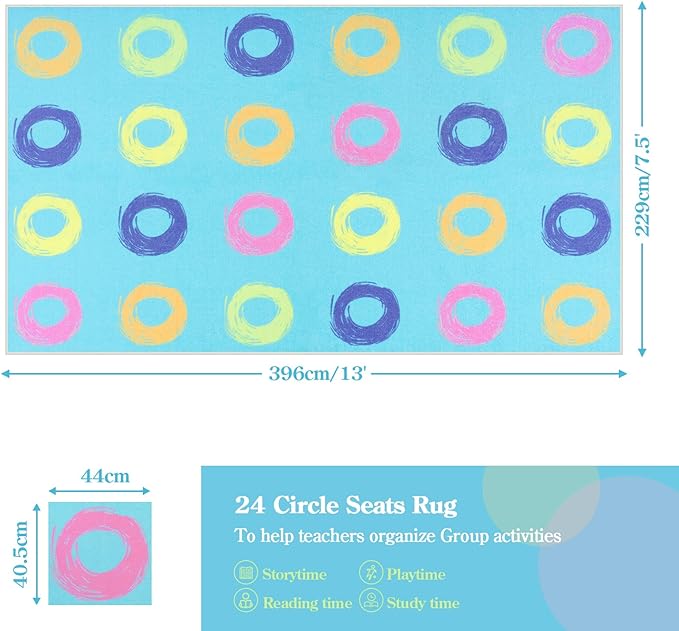 STARUIA Big Educational Area Rug Classroom Rugs for Elementary, 7.5x13 Abstract Blue Rug with Colorful Handpainted Circles, Stain-Resistant High-Traffic Kids Carpet for Playroom Home Learning