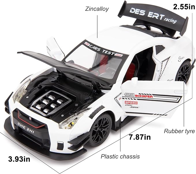 BDTCTK 1/24 Scale Compatible for Nissan GTR Model Car Toy, Zinc Alloy Pull Back Toy car with Sound and Light for Kids Boy Girl Gift (White)